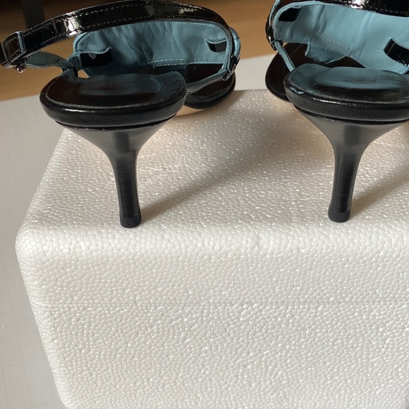 Coach Black Patent Leather T-Strap Sandals with Light Blue Straps - Picture 4 of 6